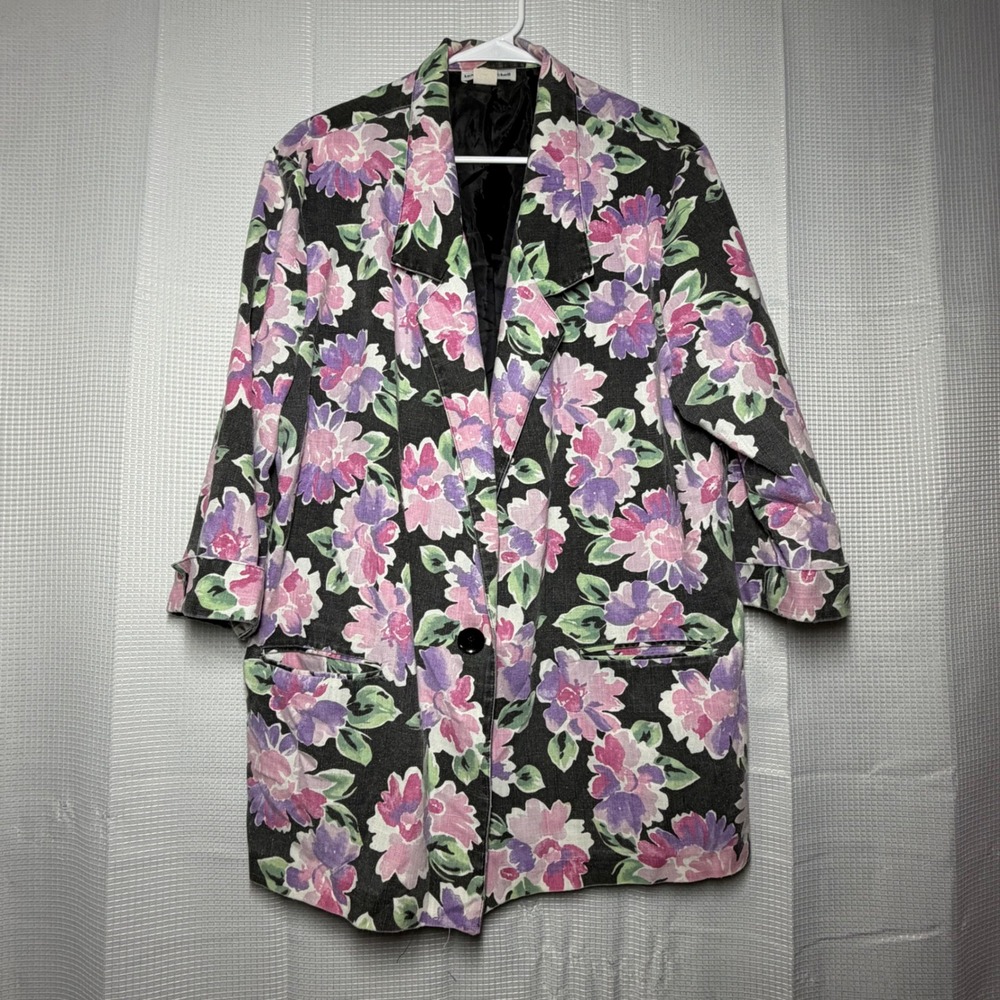 Kenneth‎ Mitchell Floral Blazer 18 Black Pink Purple Vintage Longline Jacket